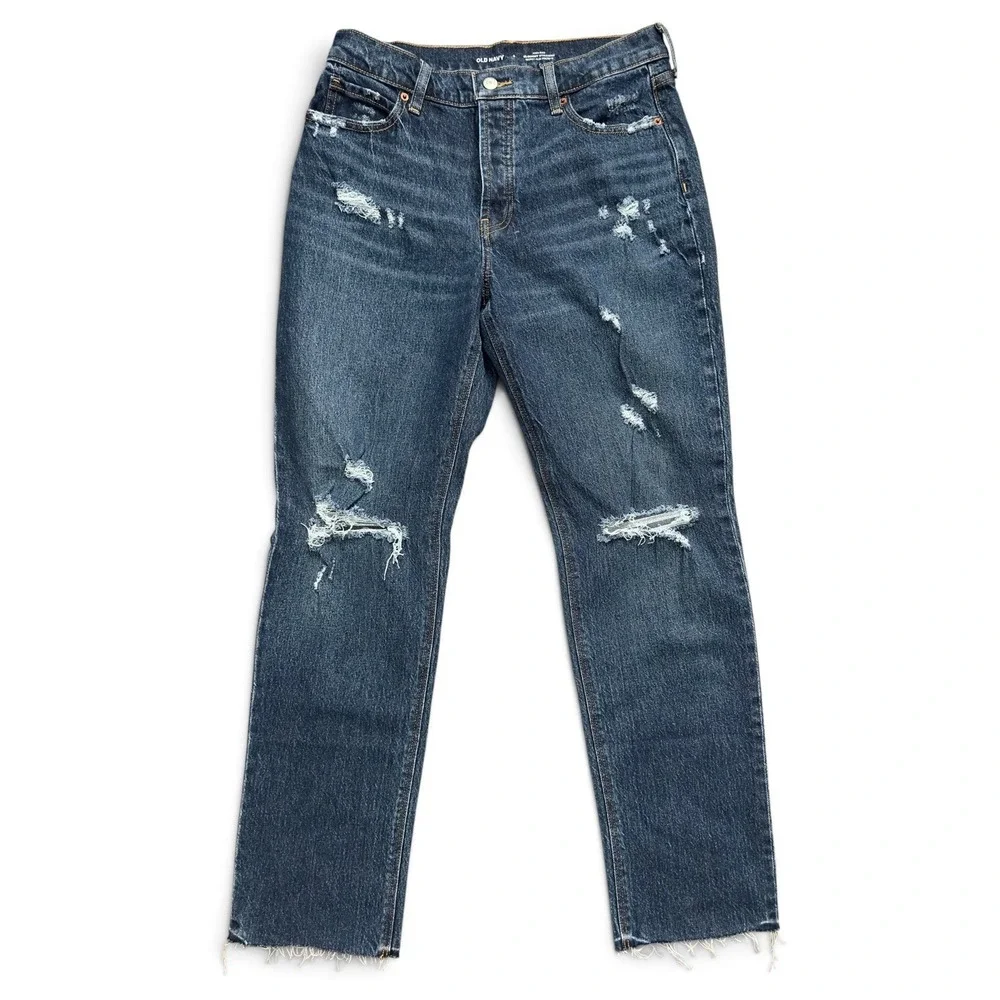 Old Navy High-Waisted Slouchy Straight Button Distressed Cropped Jeans Sz 2